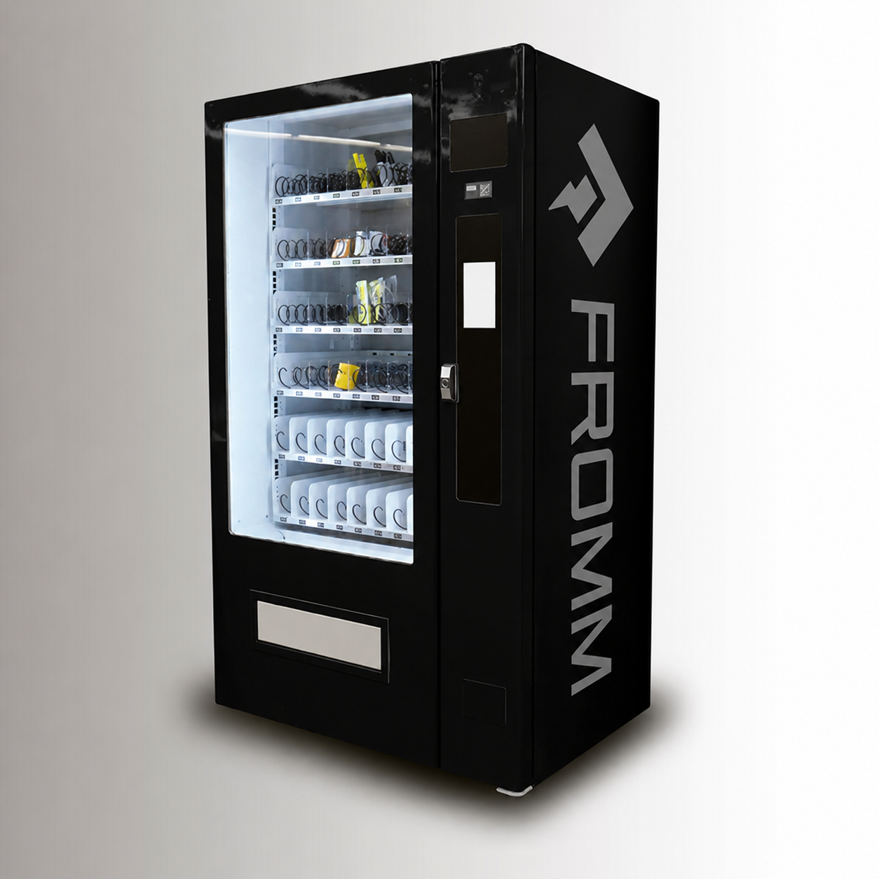 Fromm-branded industrial vending machine stocked with supplies behind a glass front